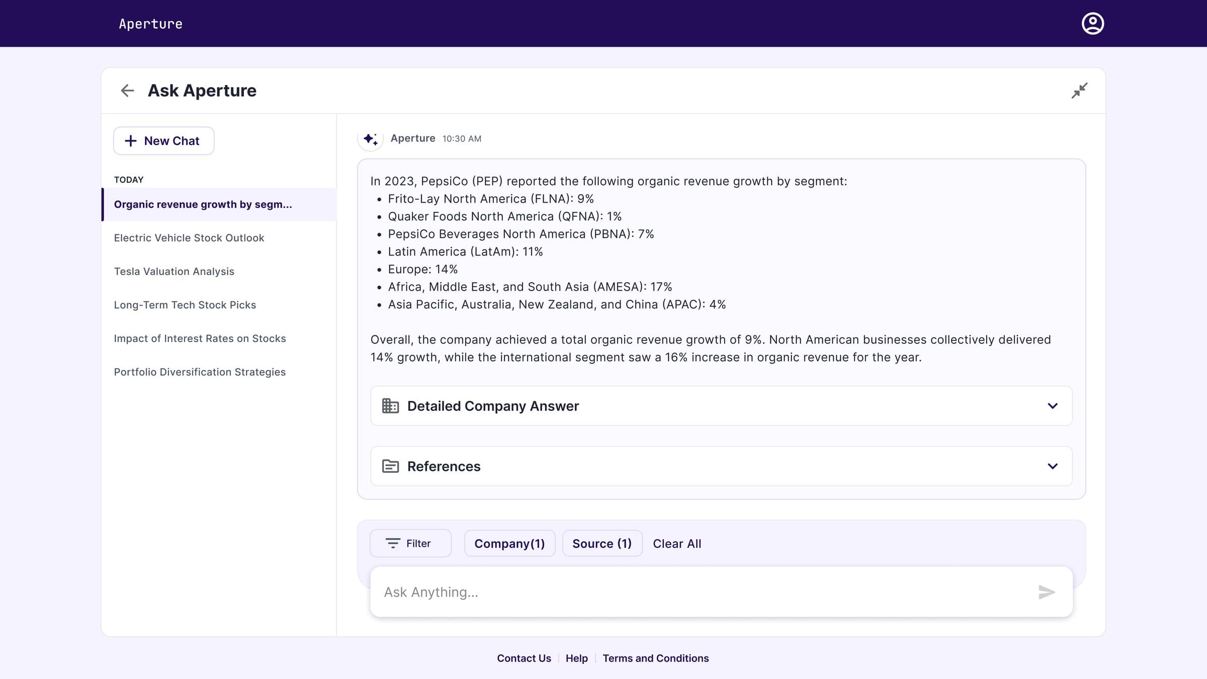 Filter-driven response — narrower subset, narrower answer, smaller reference list. The advisor sees what the model is and isn’t reading.