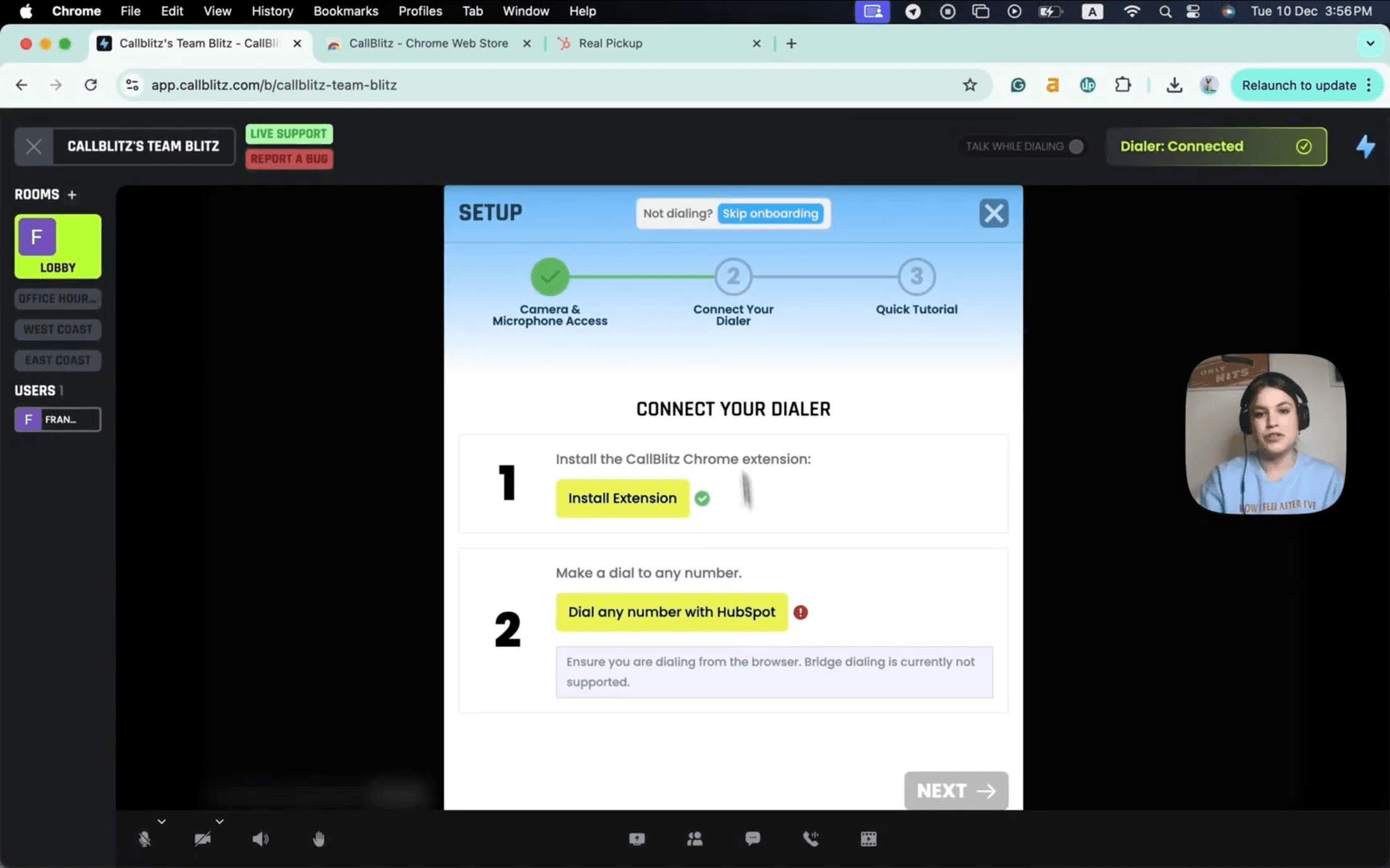 CallBlitz, the $250/mo external dependency — a 3-step Chrome-extension setup just to listen to a single call.