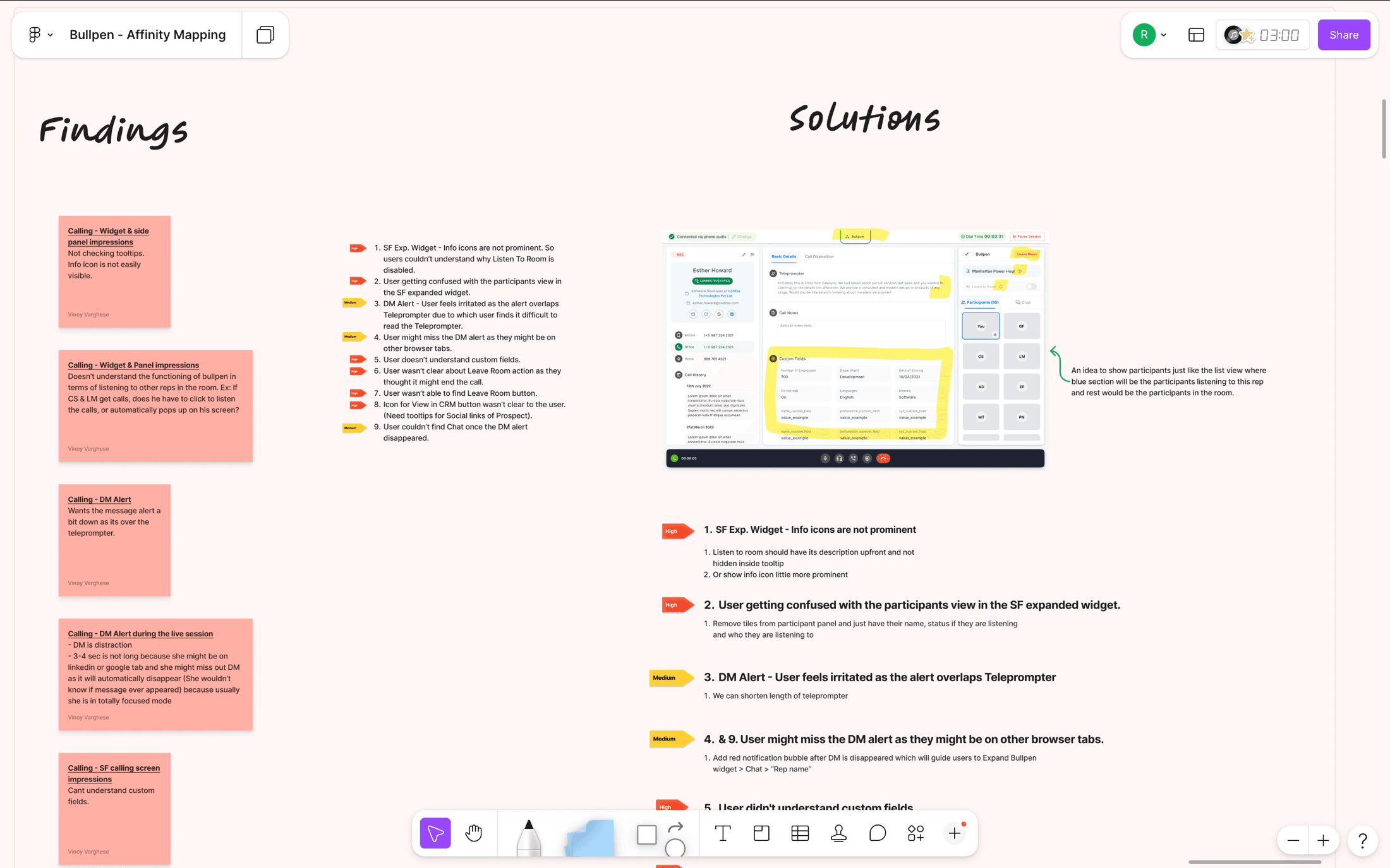 Findings-to-Solutions affinity map — testing transcripts clustered into Admin vs Rep cohorts, with each red sticky tied to a specific UI fix on the right.