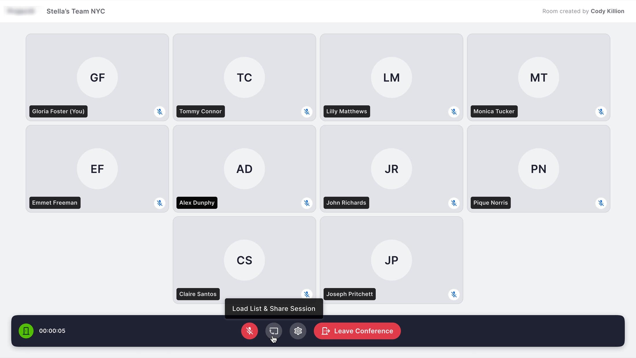 V2 team room — auto-added members, Load List & Share Session built into the call bar so reps stay one click from going live.