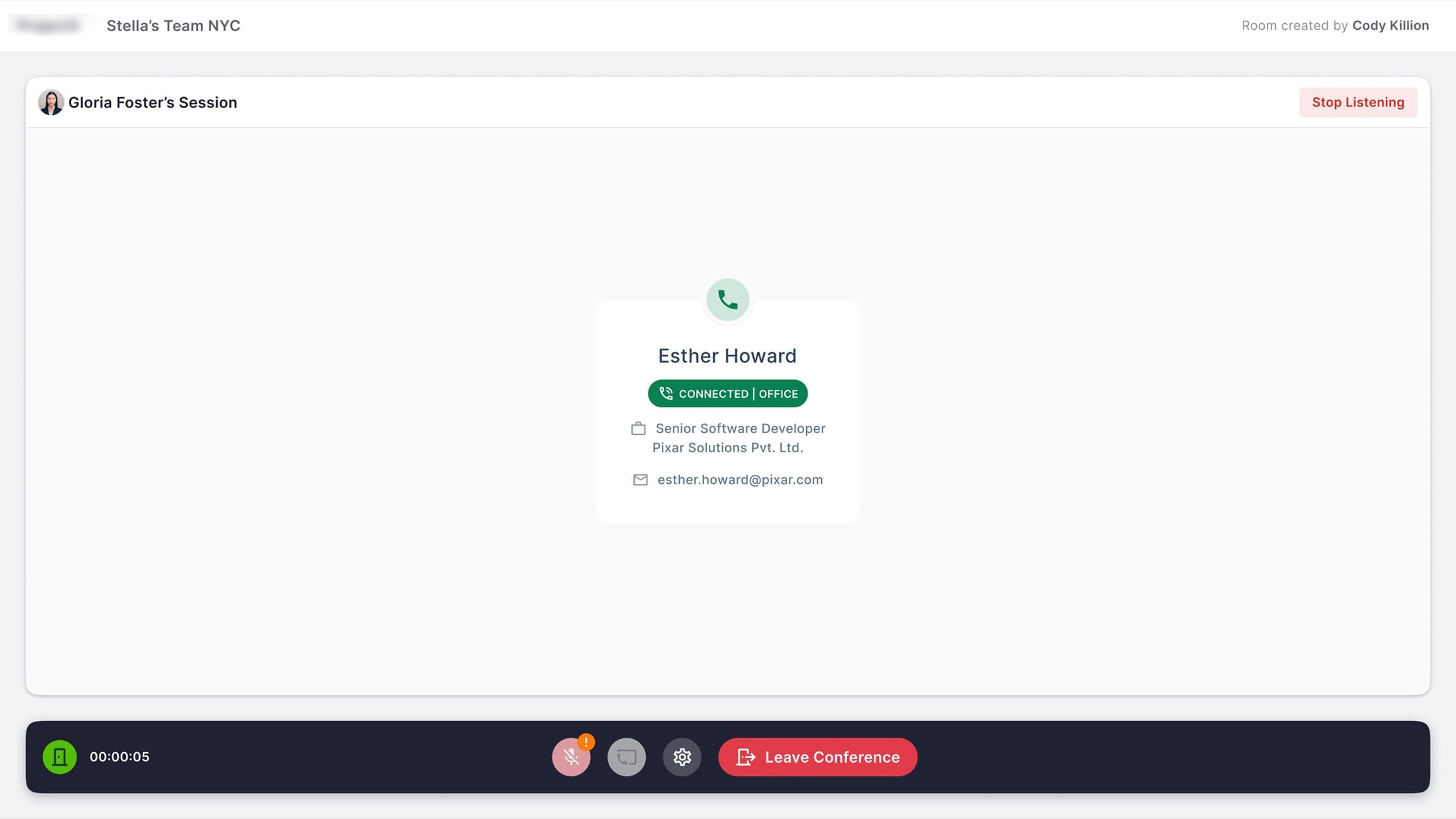 Listening to a peer's live call — the icon-only V1 control became an explicit ‘Stop Listening’ text CTA, closing the largest error gap from testing.