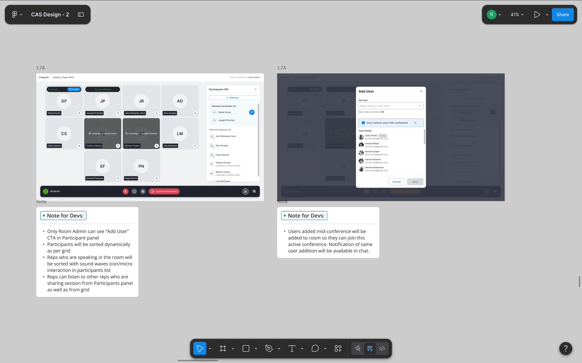 Annotated handoff frames — sort behavior, permissions, and live-update rules written next to the pixels so a 50-person eng team could ship without back-channel questions.