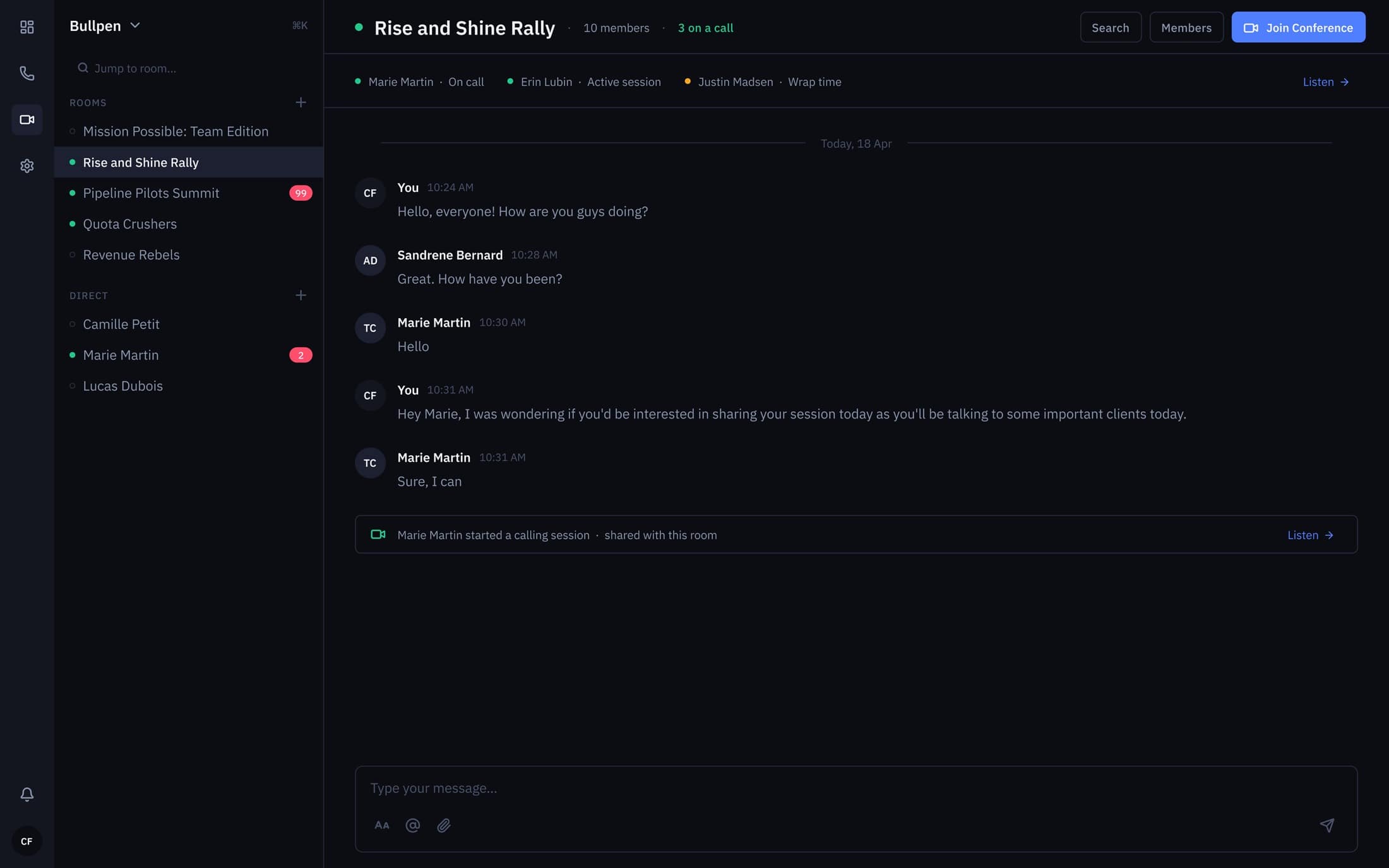 V3 team room — dark-first hub with live status pills (On call · Active session · Wrap time) replacing V2's flat presence dots.