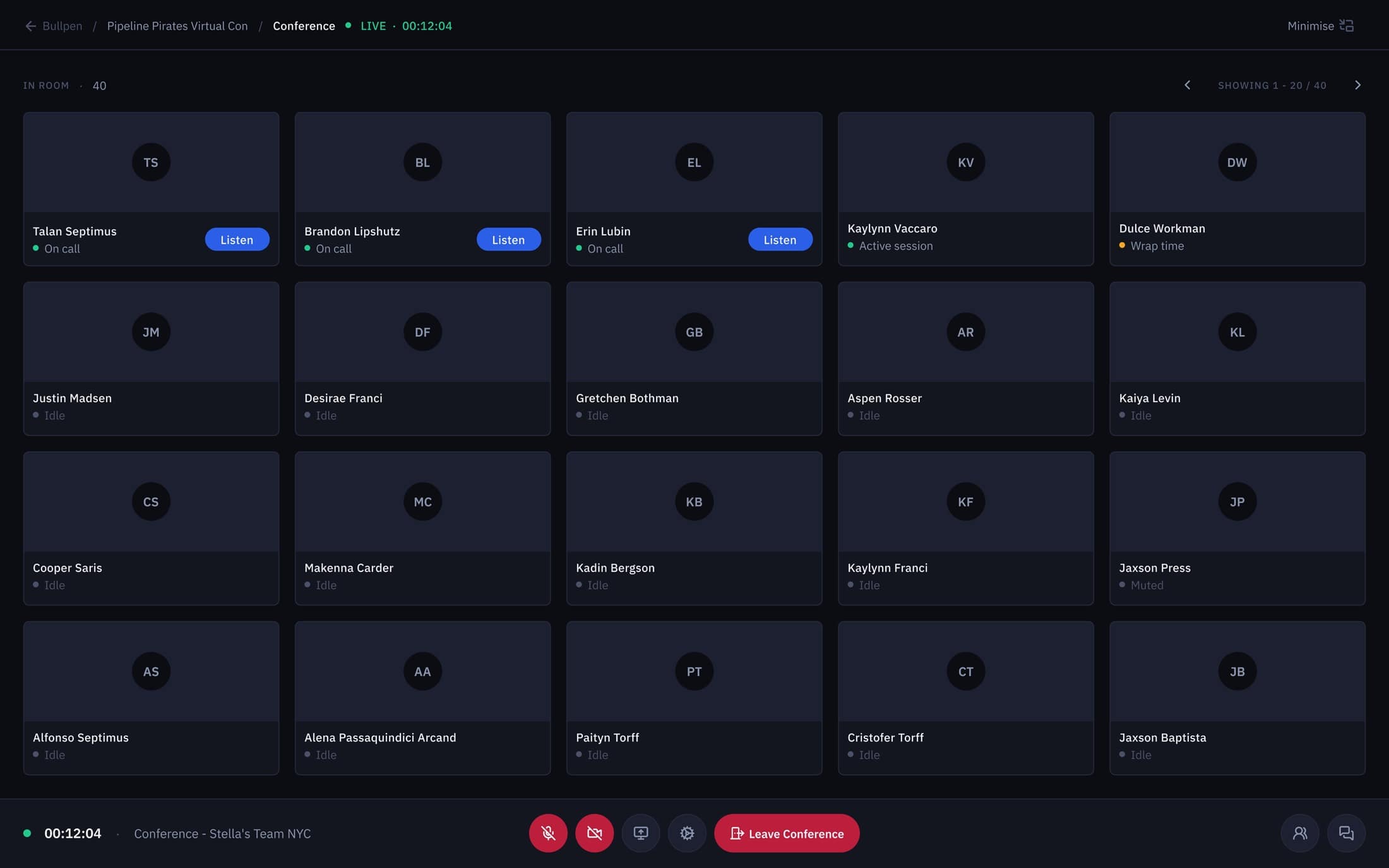 V3 conference grid — 40-rep view with per-tile state and one-click ‘Listen’ pushed into the card, not buried in a menu.