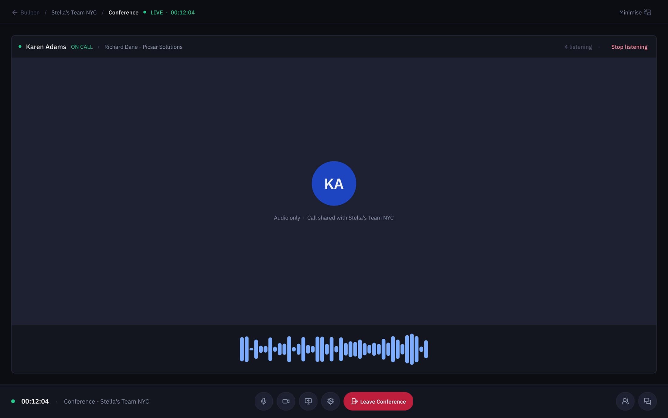 Audio-only listening view — waveform plus role context so coaches monitor without breaking the rep's focus.