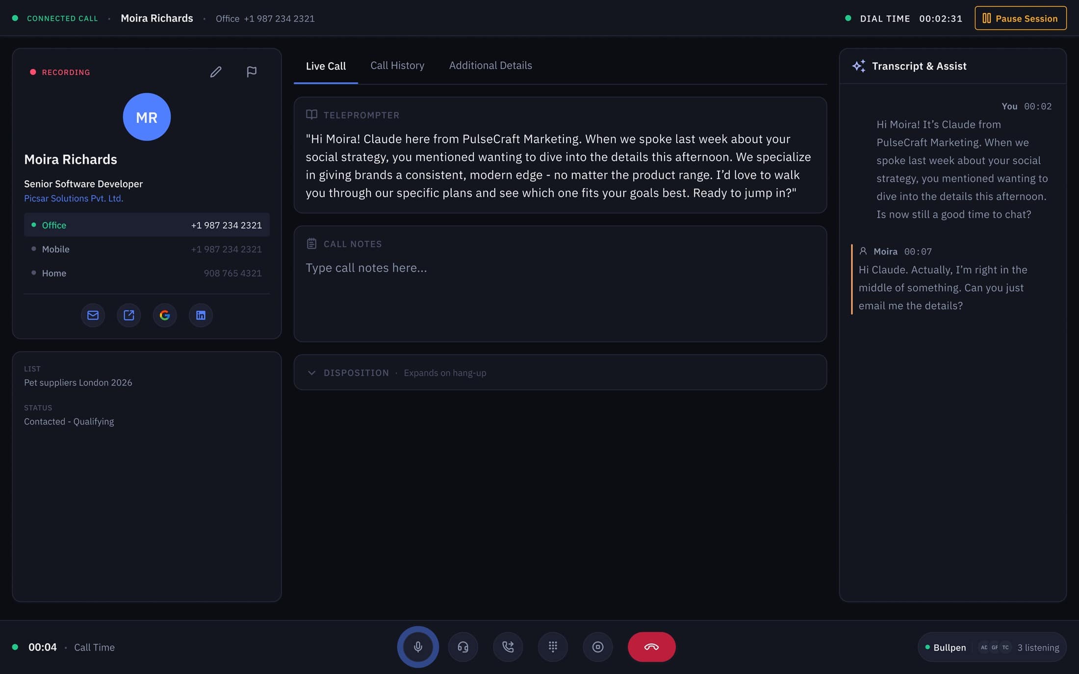 Live call workspace — contact card, teleprompter, and the AI Transcript & Assist panel rendered in one production-ready dark layout.