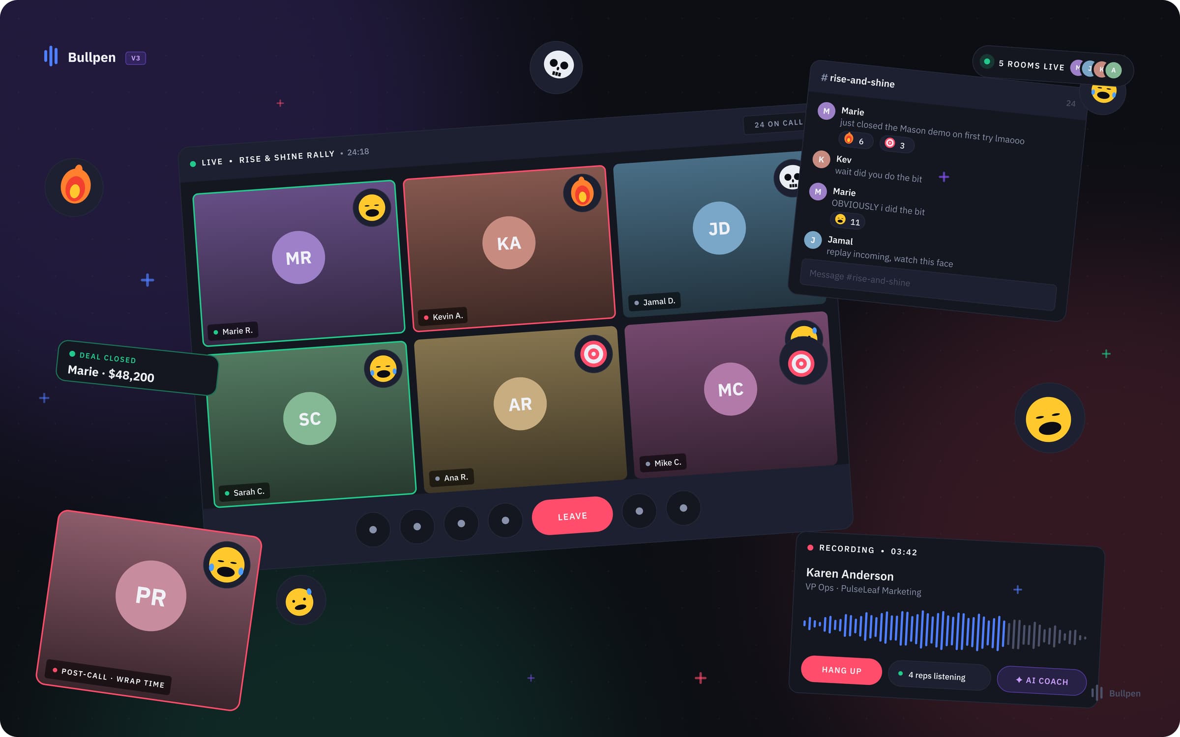 Bullpen — Bullpen V3 — calling screen, modern dark theme, persistent DM widget visible