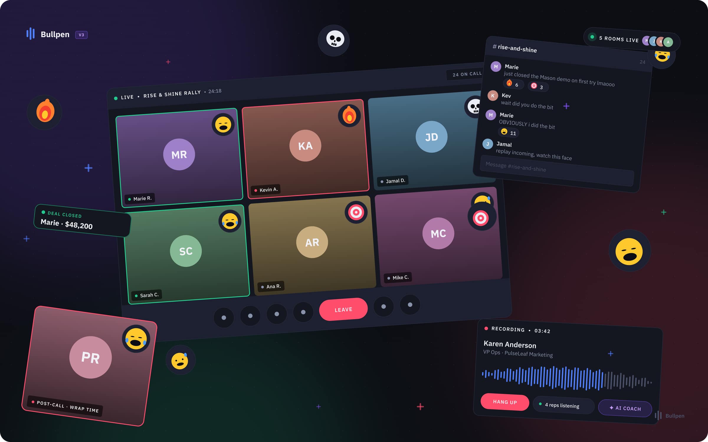 Bullpen — Bullpen V3 — calling screen, modern dark theme, persistent DM widget visible