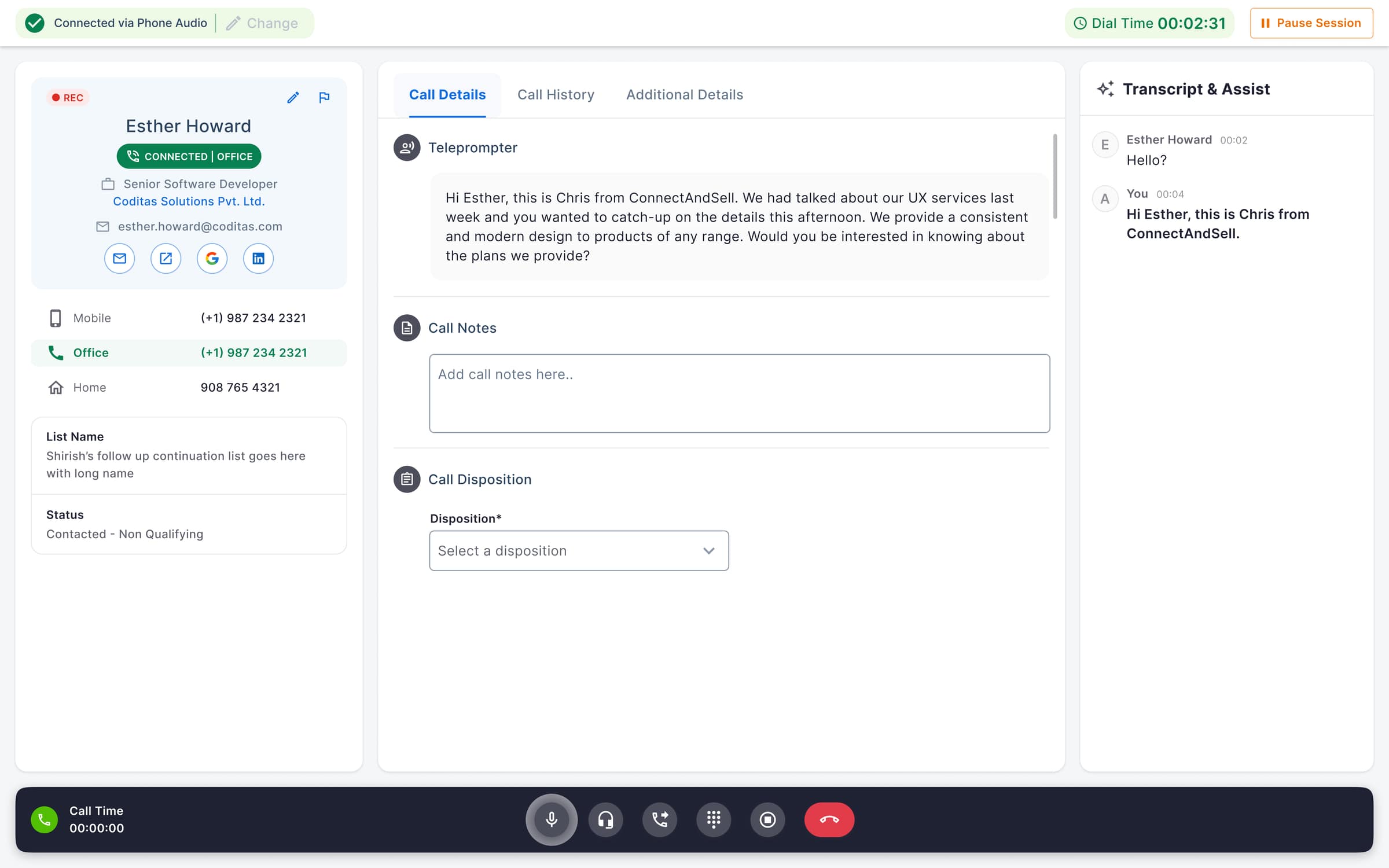 V1 (shipped) — live transcript pinned to a right rail in light mode, turn-tagged so coaches can grade speakers without re-listening to the call.