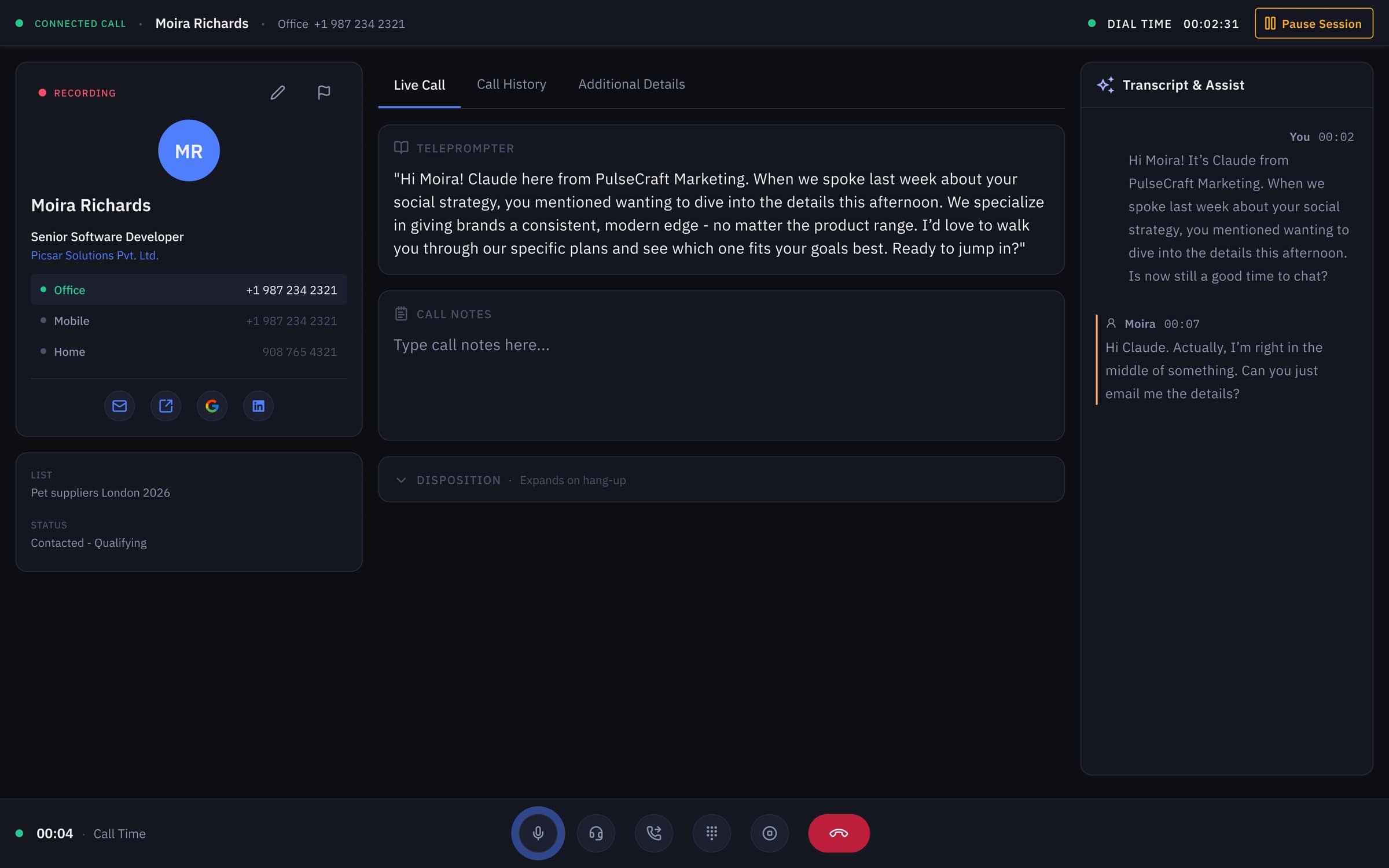 V2 (2026 concept) — same transcript surface re-skinned in dark-first tokens; the rep barely touches it during a call, but every line feeds the coaching, leaderboard, and dashboard layers.