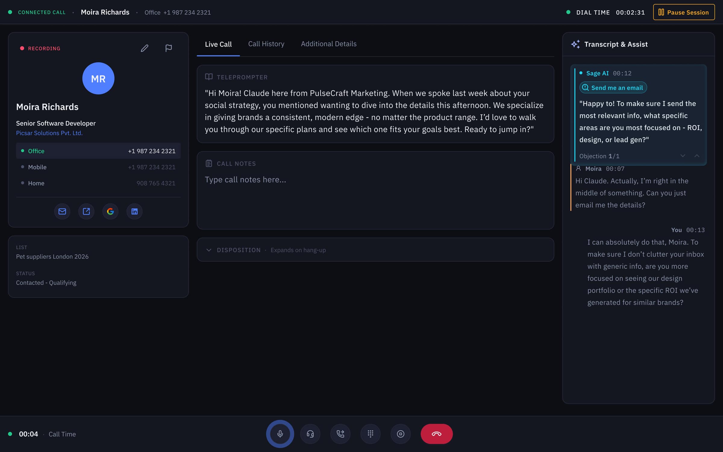 V2 — same whisper-coach pattern with an explicit ‘Send me an email’ objection chip and 1/1 pagination so the rep can flip rebuttals without losing the conversation.