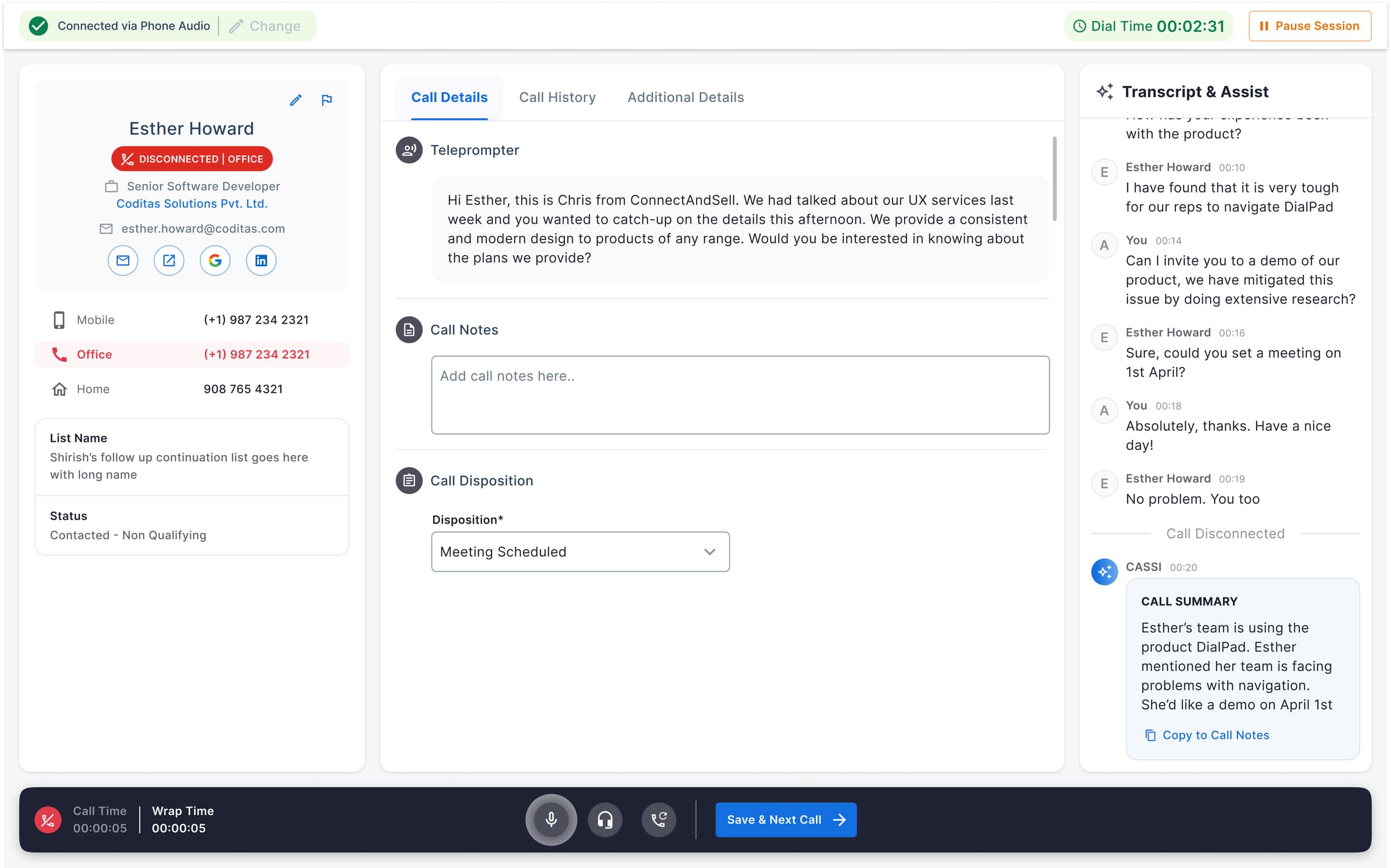 V1 — wrap mode auto-loads a free-text call summary and a ‘Copy to Call Notes’ action; the rep still picks a disposition before the next dial fires.