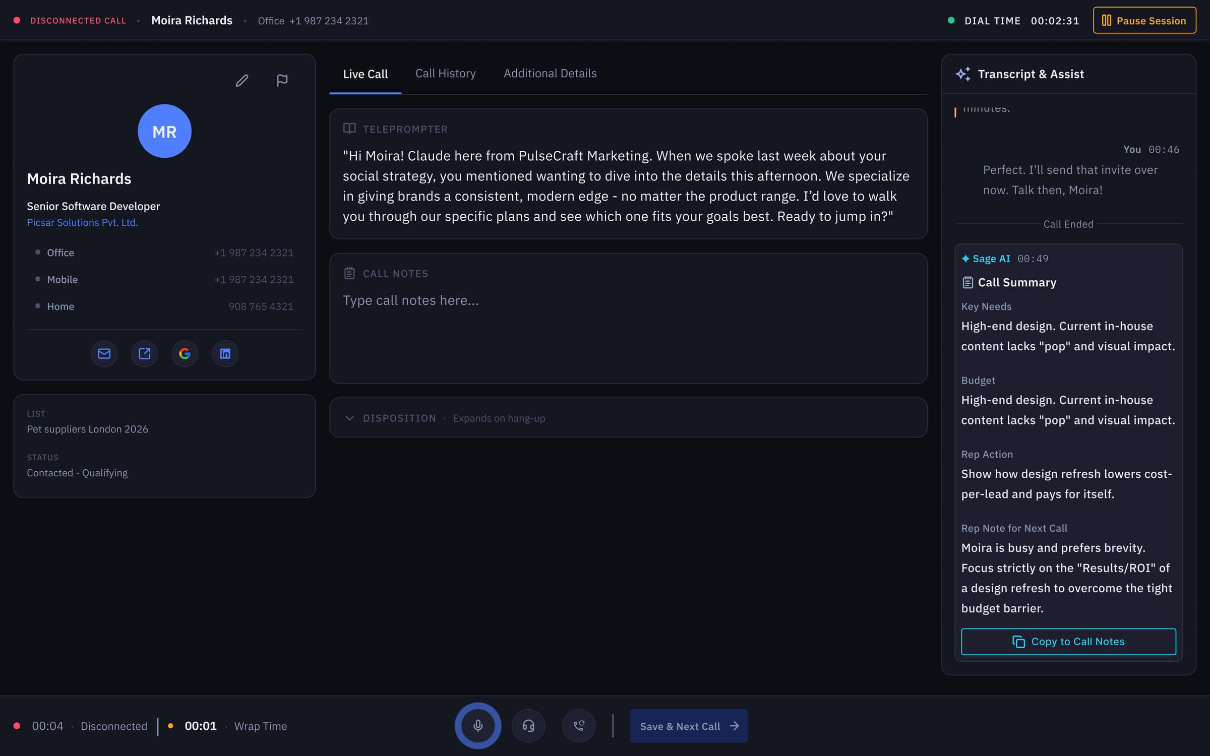 V2 — structured summary schema (Key Needs · Budget · Rep Action · Note to Next Rep) that maps 1:1 to CRM fields, replacing prose with paste-ready blocks.