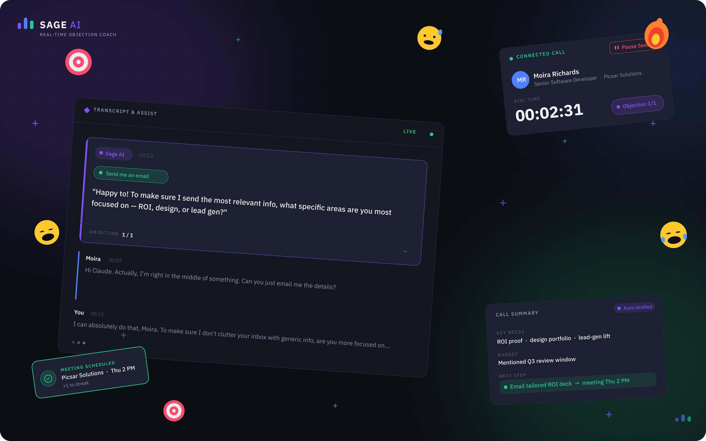 Sage AI — Sage AI / Salesync V2 — live workspace, dark-first, AI suggestion mid-call