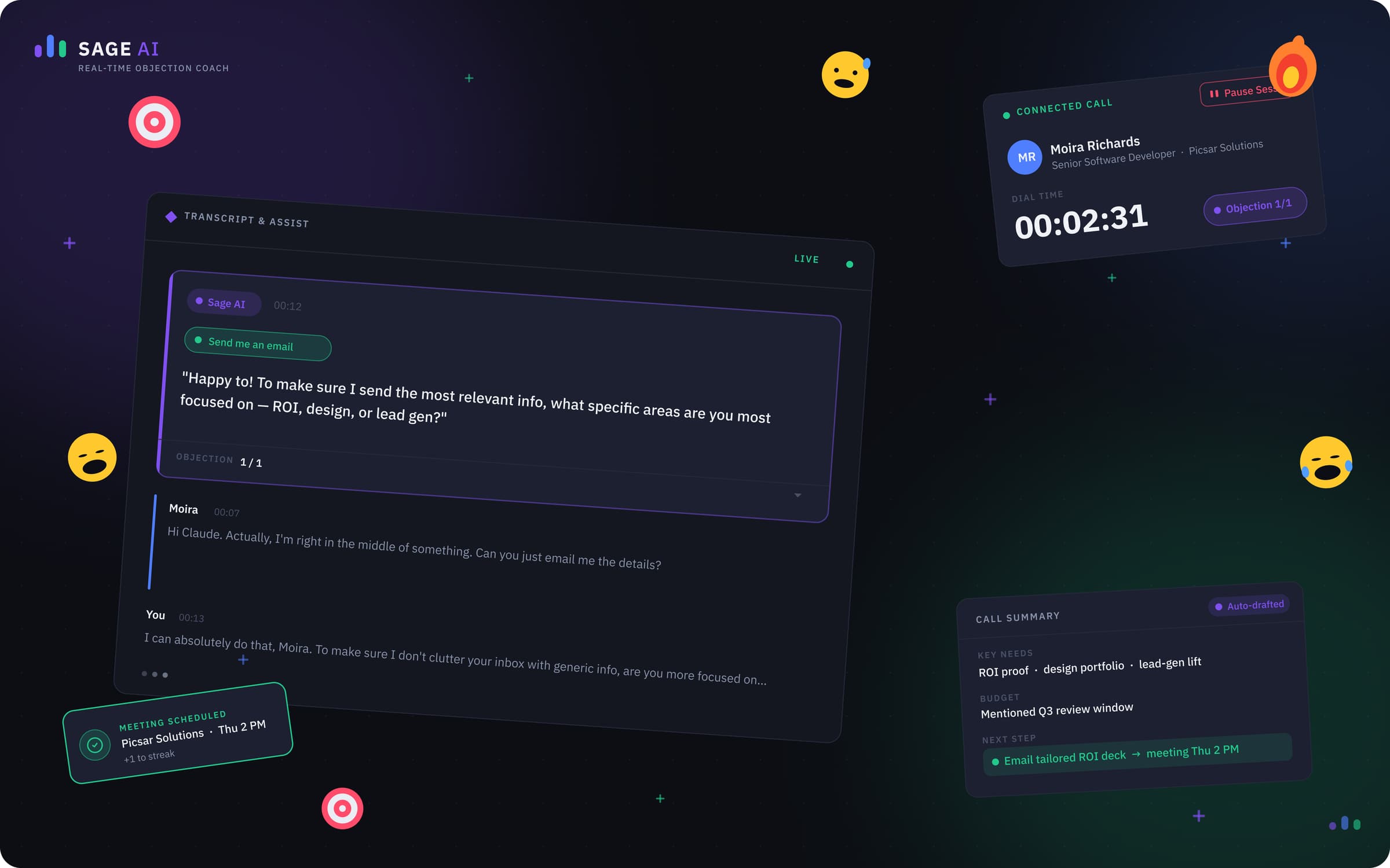 Sage AI — Sage AI / Salesync V2 — live workspace, dark-first, AI suggestion mid-call
