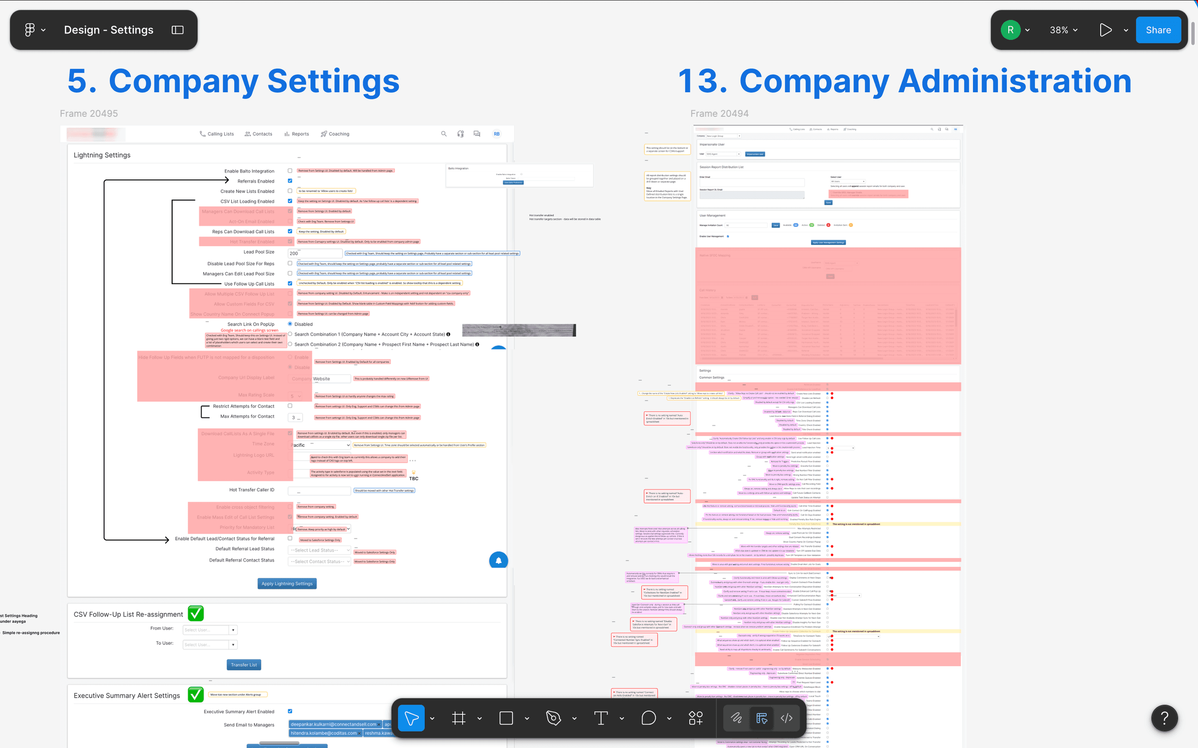 Annotated V1 audit — Company Settings and Company Administration exported as continuous screenshots, with every block marked keep / deprecate / hide / move; this artifact replaced a 30-question stakeholder doc.