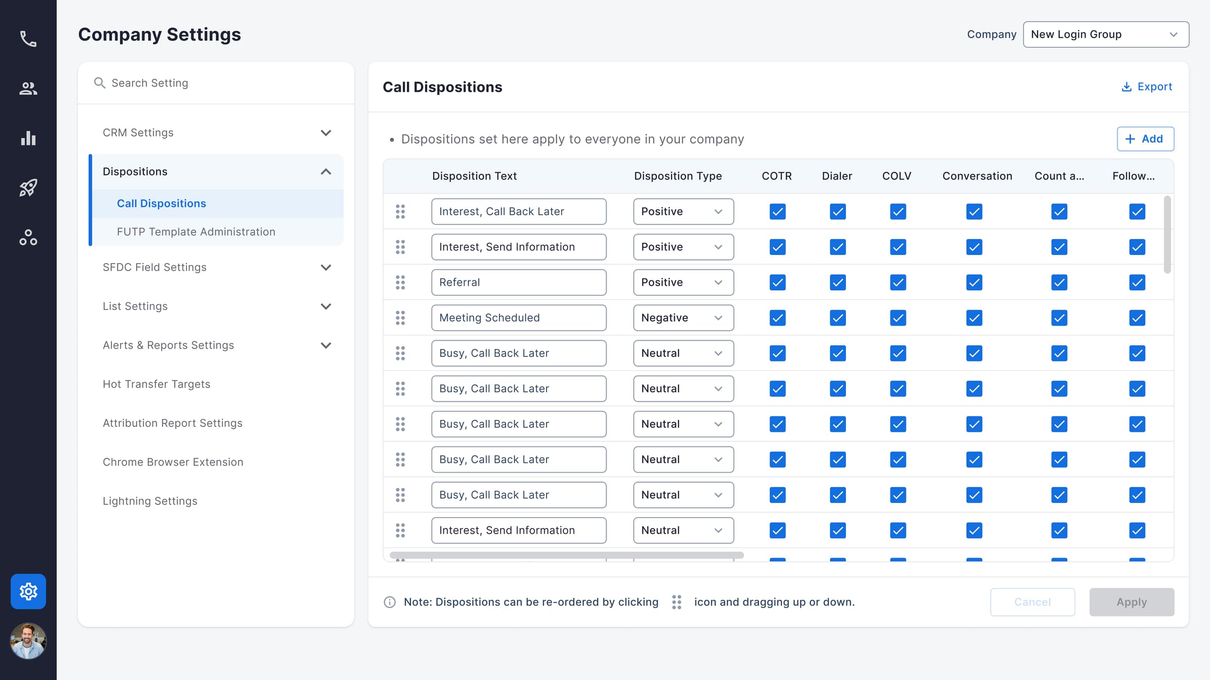 V2 dispositions — sidebar groups settings by subsystem (CRM, SFDC, List, Alerts); a cleaner shell, but still organized by the backend that produced each row.