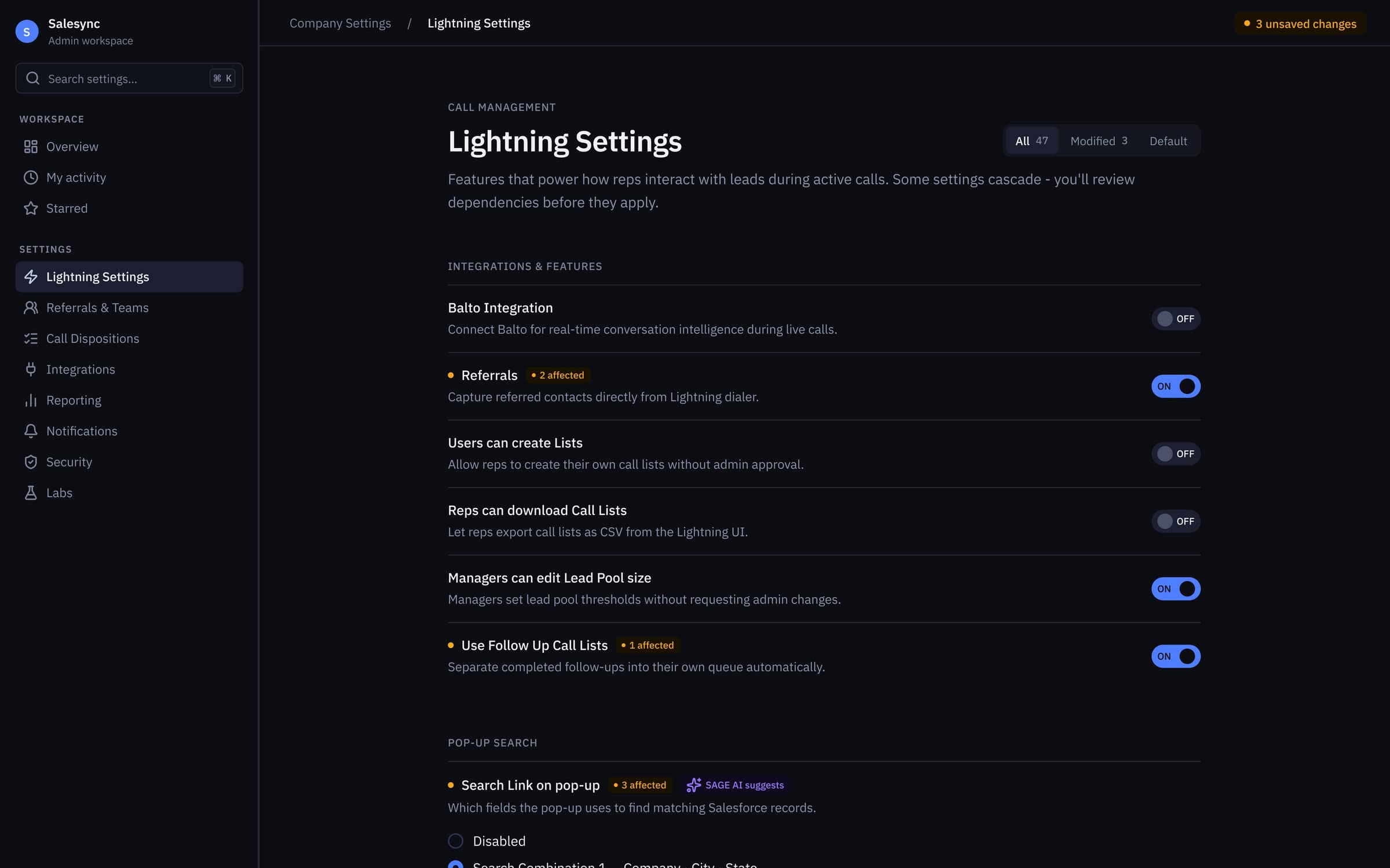 V3 Lightning Settings — every dependent toggle wears an ‘N affected’ chip, SAGE AI surfaces context-aware suggestions, and unsaved changes are counted in the header.
