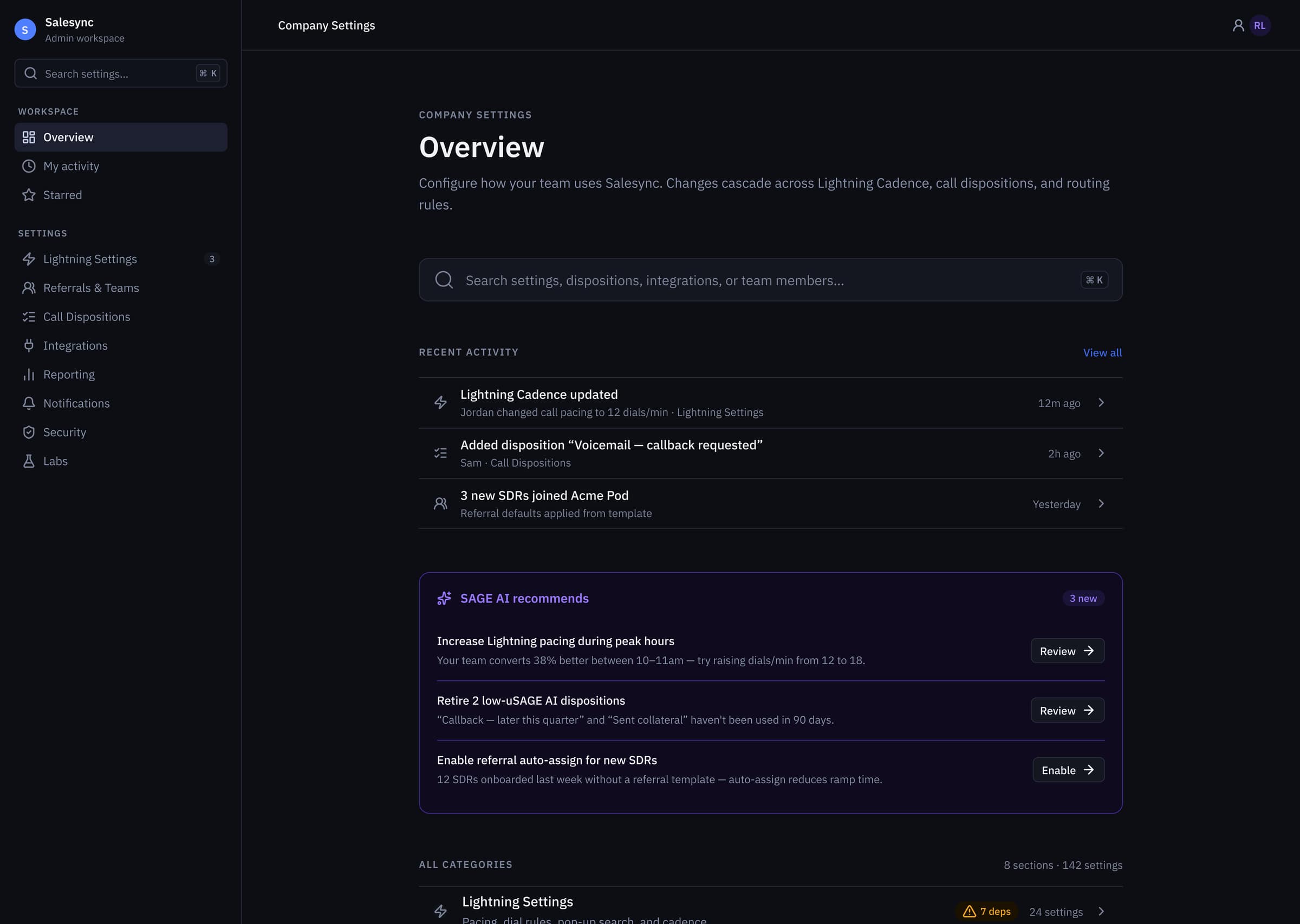 V3 Overview hub — global ⌘K search, recent activity feed, and a SAGE AI recommendations panel framing the 8 task categories / 142 settings sitting underneath.