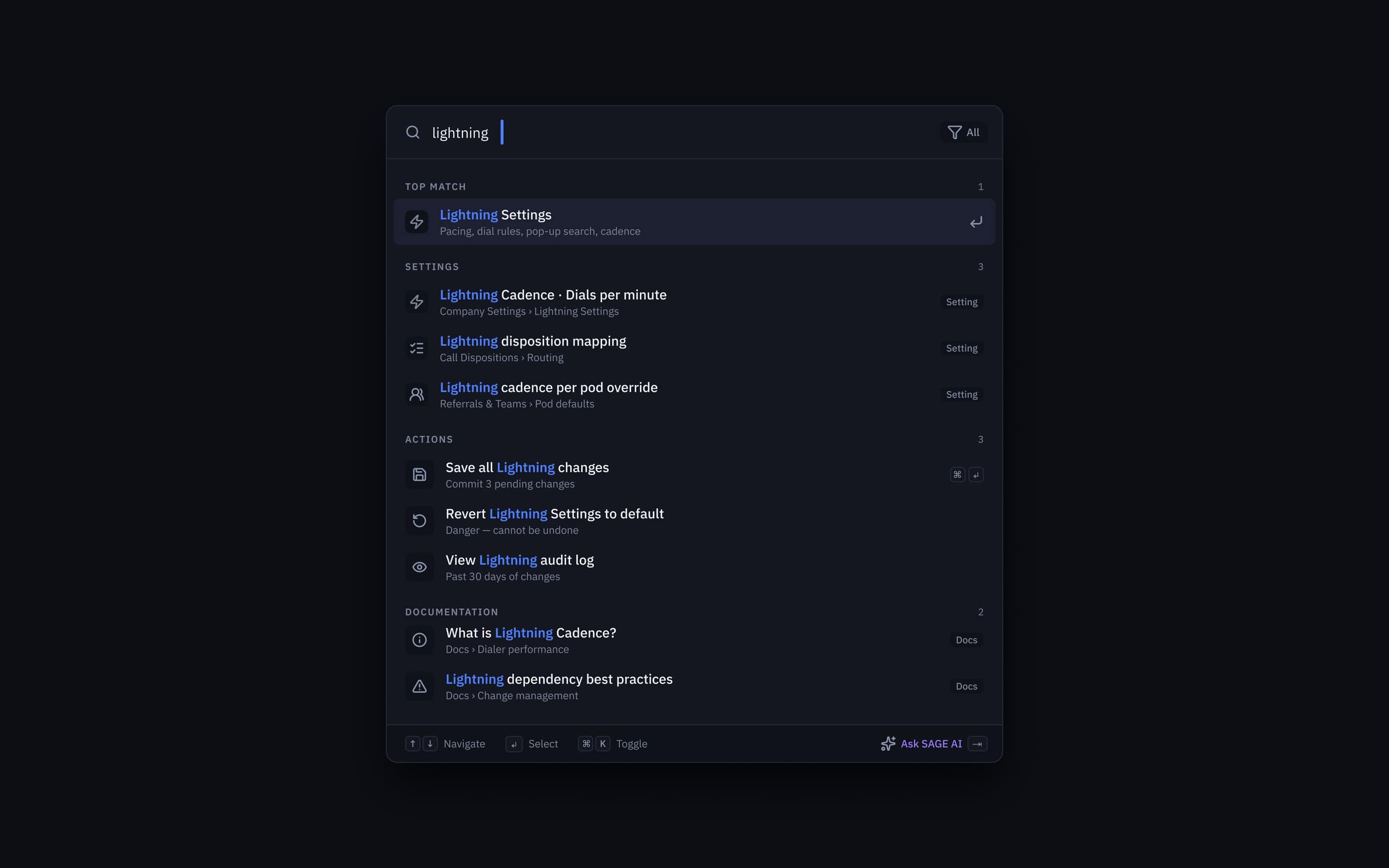 ⌘K command palette — typed intent collapses 8–22s of scroll-and-scan into under 2s, with grouped results across Settings, Actions, and Documentation plus an ‘Ask SAGE AI’ fallback.
