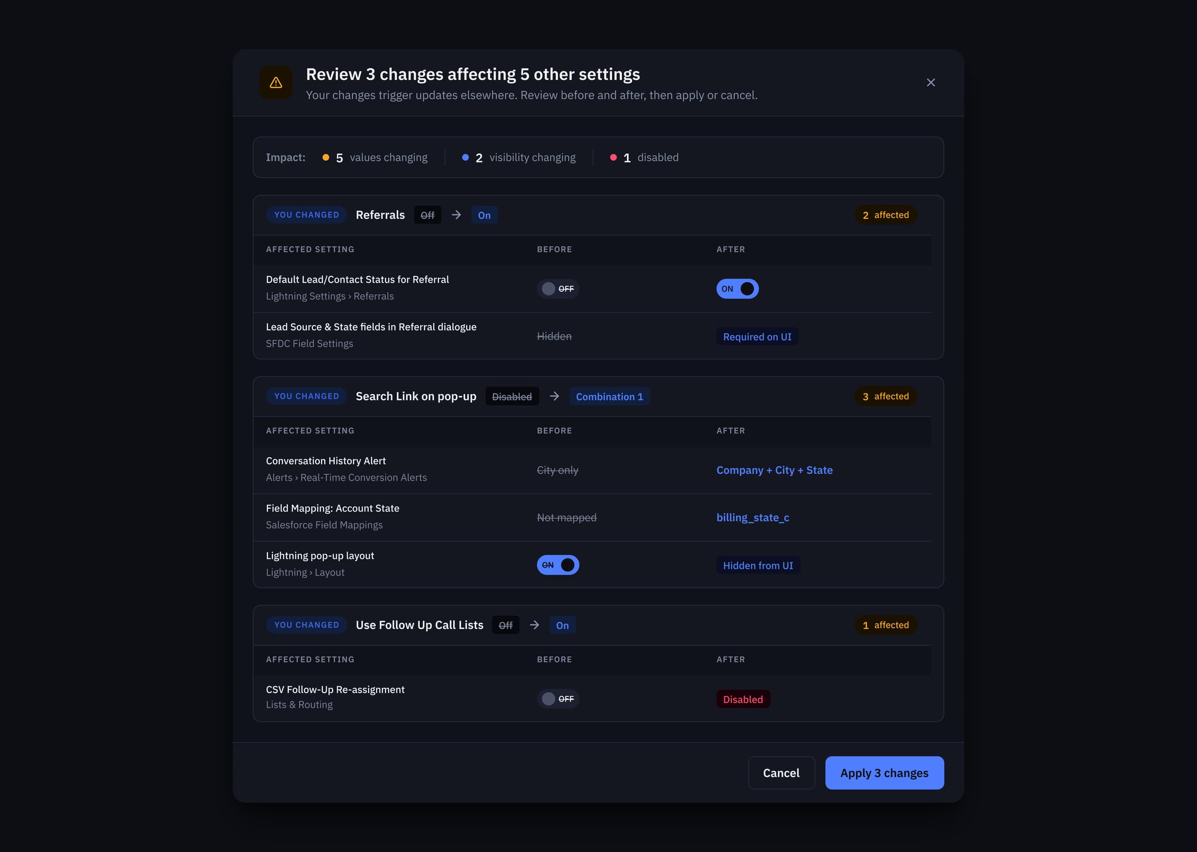 Dependency-review modal — every cascading save is intercepted with an impact summary (values changing, visibility changing, disabled) and a before/after diff on each affected setting before commit.