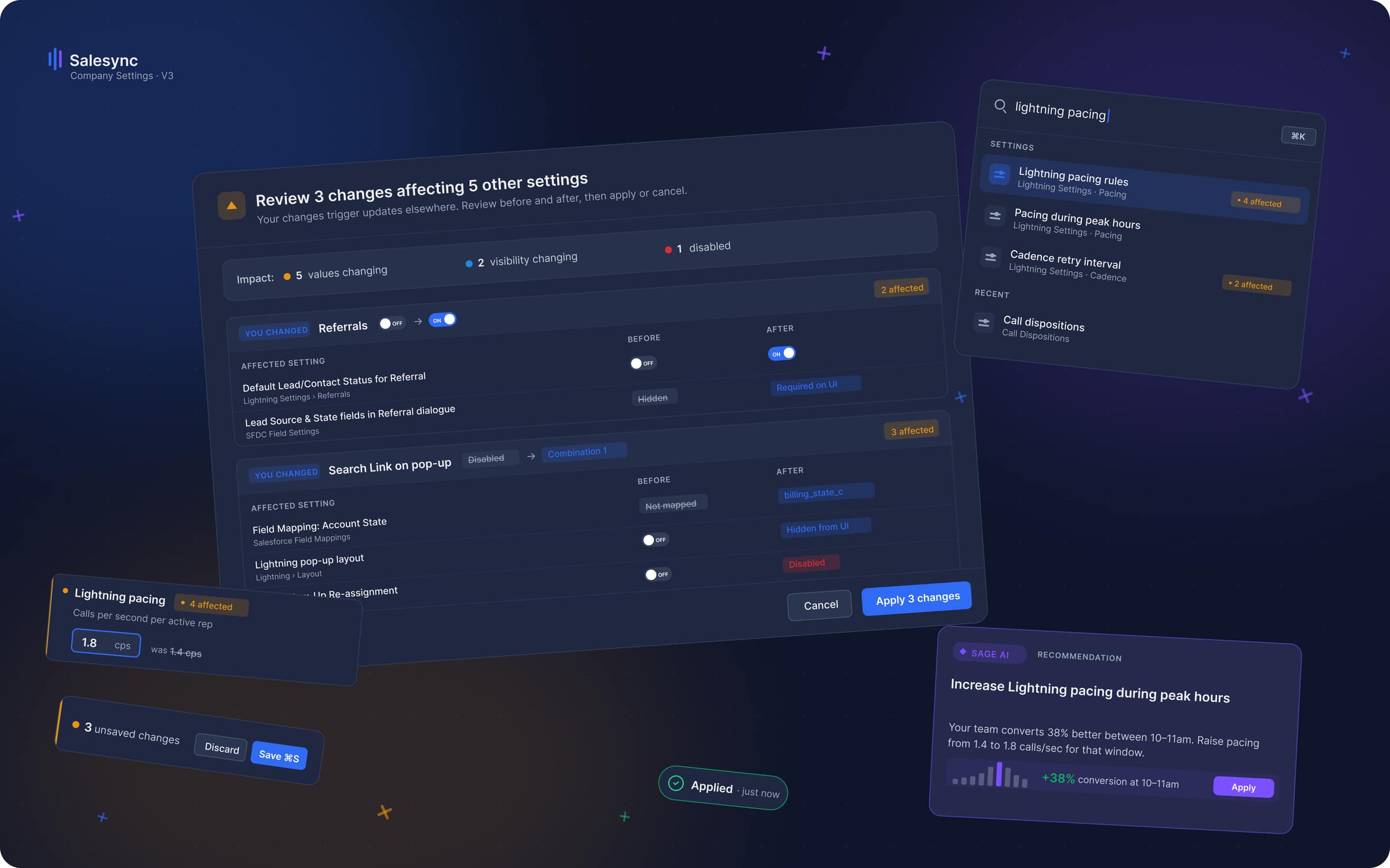 Salesync Settings — Salesync V3 — hub overview with SAGE AI recommendations panel