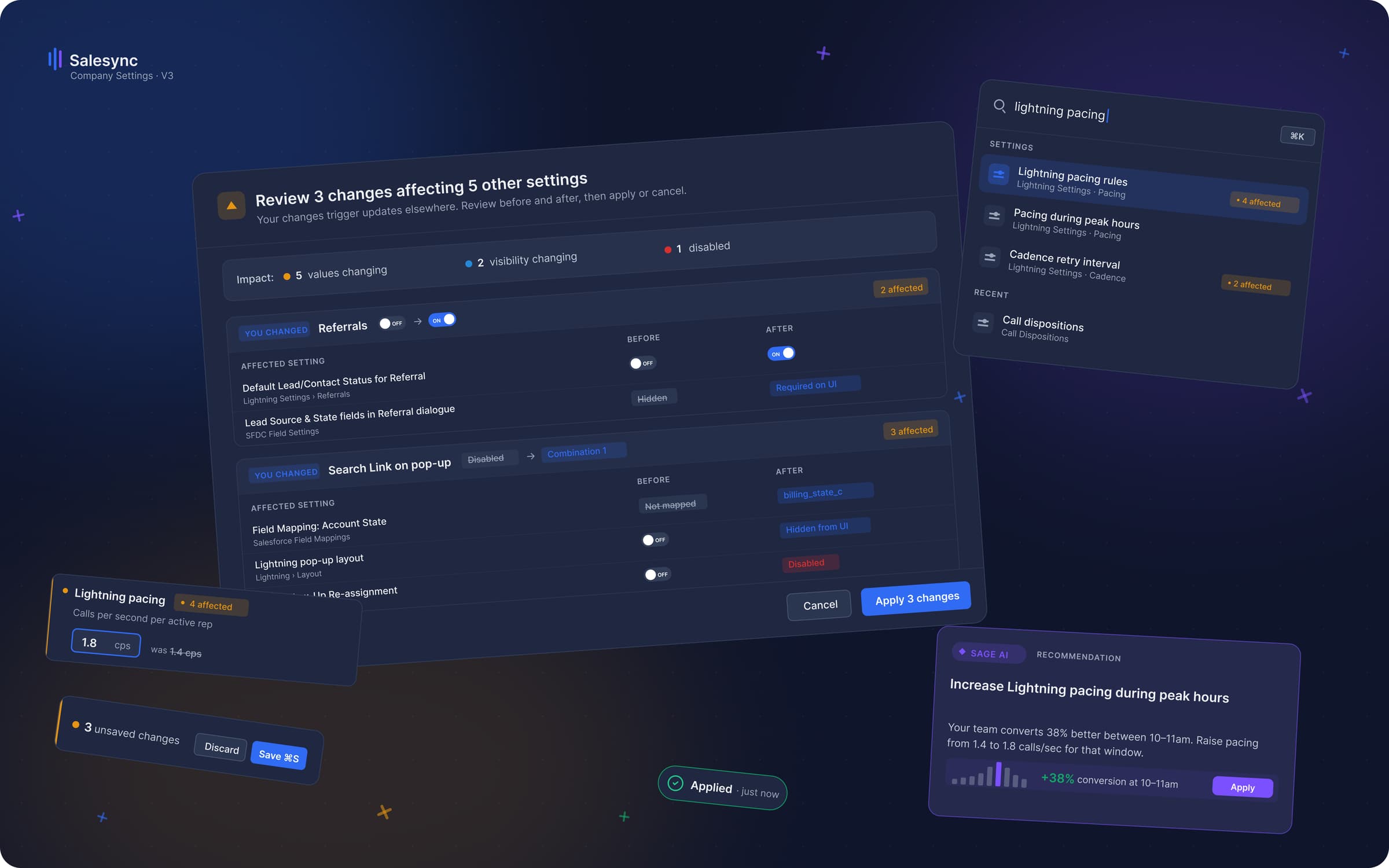 Salesync Settings — Salesync V3 — hub overview with SAGE AI recommendations panel