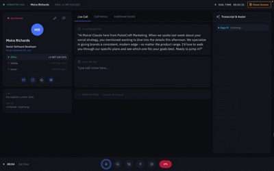 Mode-switching prototype — the AI pane transitions between transcription, objection handling, and call summary as the call lifecycle moves, so only one surface is ever competing for the rep's attention.